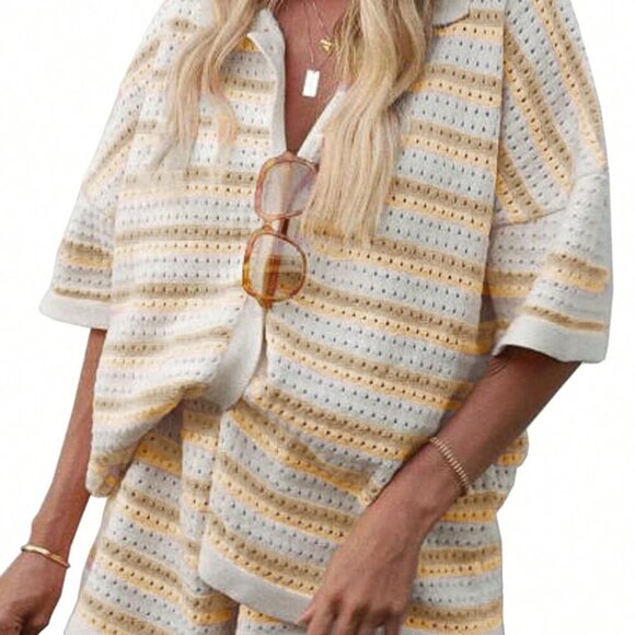 Khaki Casual Women's Stripe Button Crochet Knit Top & Shorts Set - Picture 2 of 10
